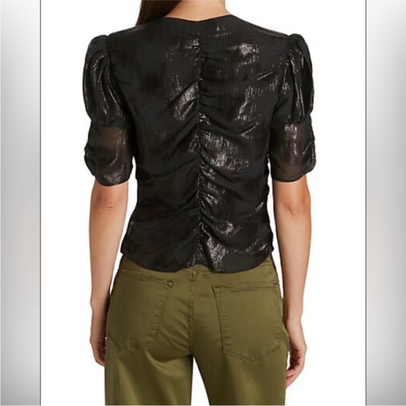 FRAME Sparkly Black Puff Sleeve Ruched Keyhole Metallic V Neck Silk Blend Top S - Picture 3 of 12